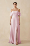 Off - the - Shoulder A - Line Chiffon Bridesmaid Dress in Candy Pink - SHE IS ME Bridesmaid Dresses
