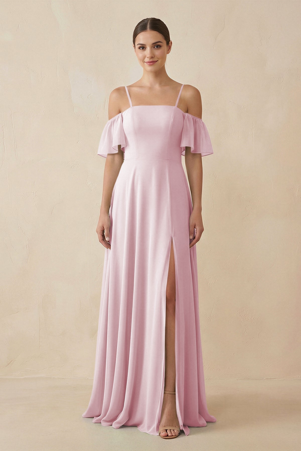 Off - the - Shoulder A - Line Chiffon Bridesmaid Dress in Candy Pink - SHE IS ME Bridesmaid Dresses