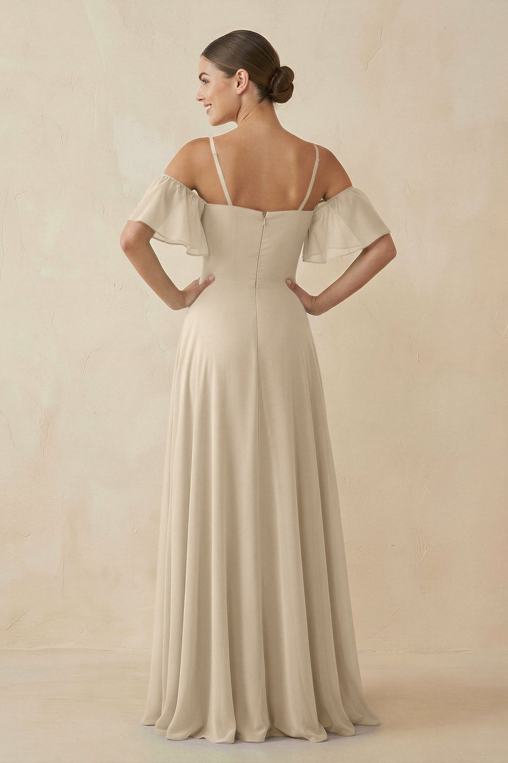 Off - the - Shoulder A - Line Chiffon Bridesmaid Dress in Champagne - SHE IS ME Bridesmaid Dresses