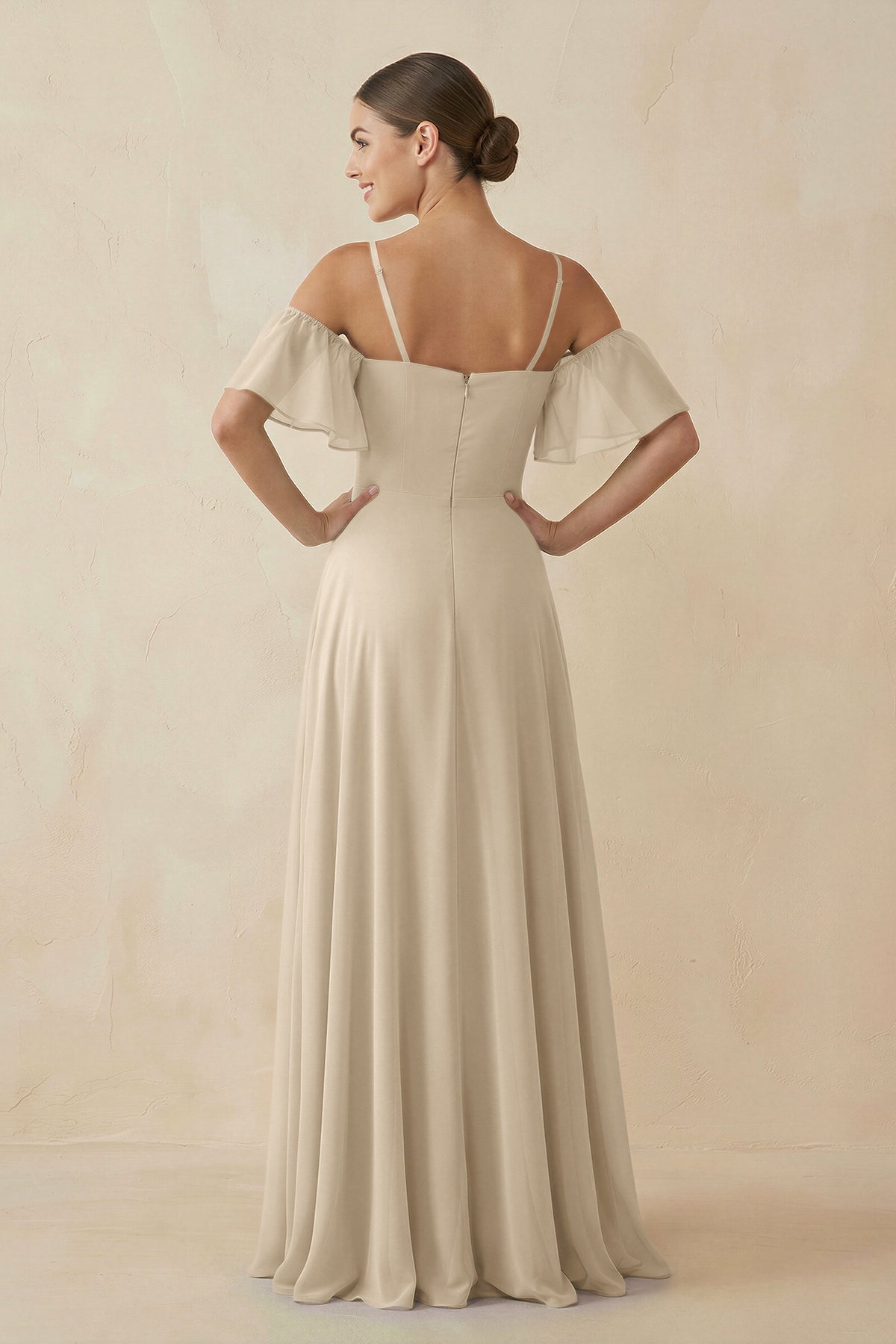 Off - the - Shoulder A - Line Chiffon Bridesmaid Dress in Champagne - SHE IS ME Bridesmaid Dresses
