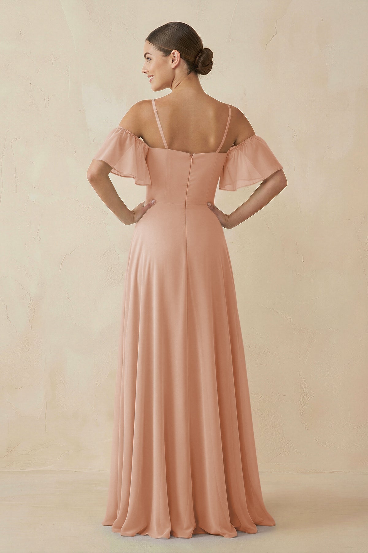 Off - the - Shoulder A - Line Chiffon Bridesmaid Dress in Champagne Rose - SHE IS ME Bridesmaid Dresses