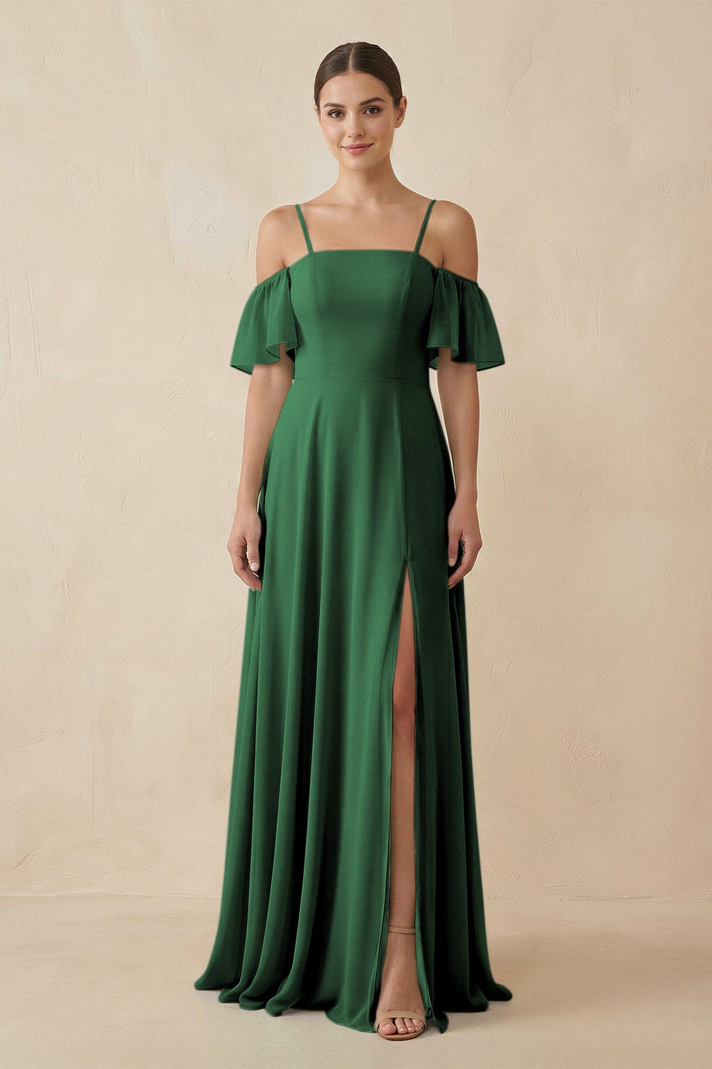 Off - the - Shoulder A - Line Chiffon Bridesmaid Dress in Dark Green - SHE IS ME Bridesmaid Dresses