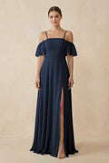 Off - the - Shoulder A - Line Chiffon Bridesmaid Dress in Dark Navy - SHE IS ME Bridesmaid Dresses