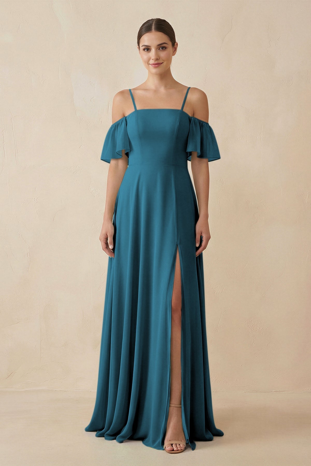 Off - the - Shoulder A - Line Chiffon Bridesmaid Dress in Dark Teal - SHE IS ME Bridesmaid Dresses