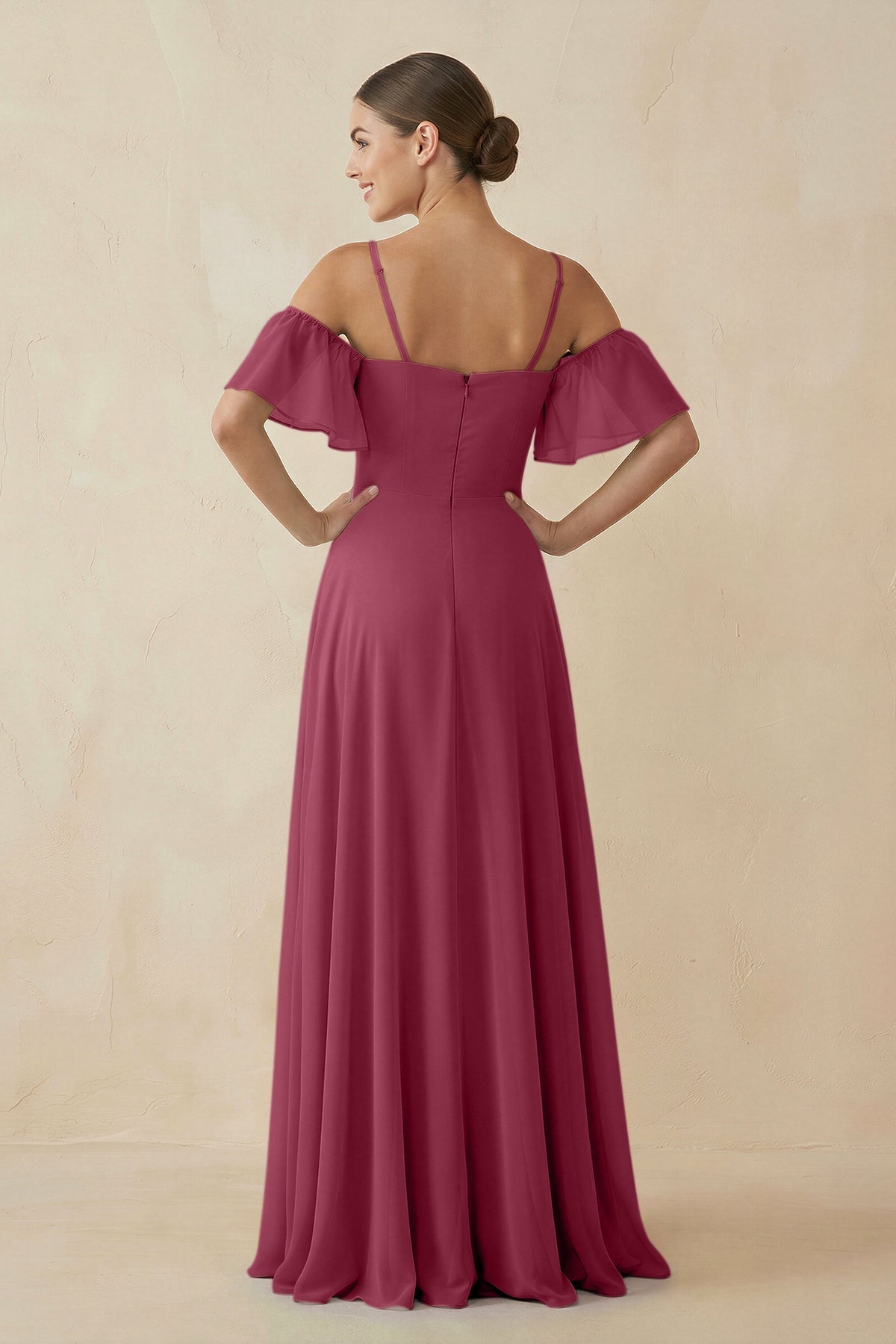 Off - the - Shoulder A - Line Chiffon Bridesmaid Dress in Desert Rose - SHE IS ME Bridesmaid Dresses