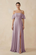 Off - the - Shoulder A - Line Chiffon Bridesmaid Dress in Dusk - SHE IS ME Bridesmaid Dresses