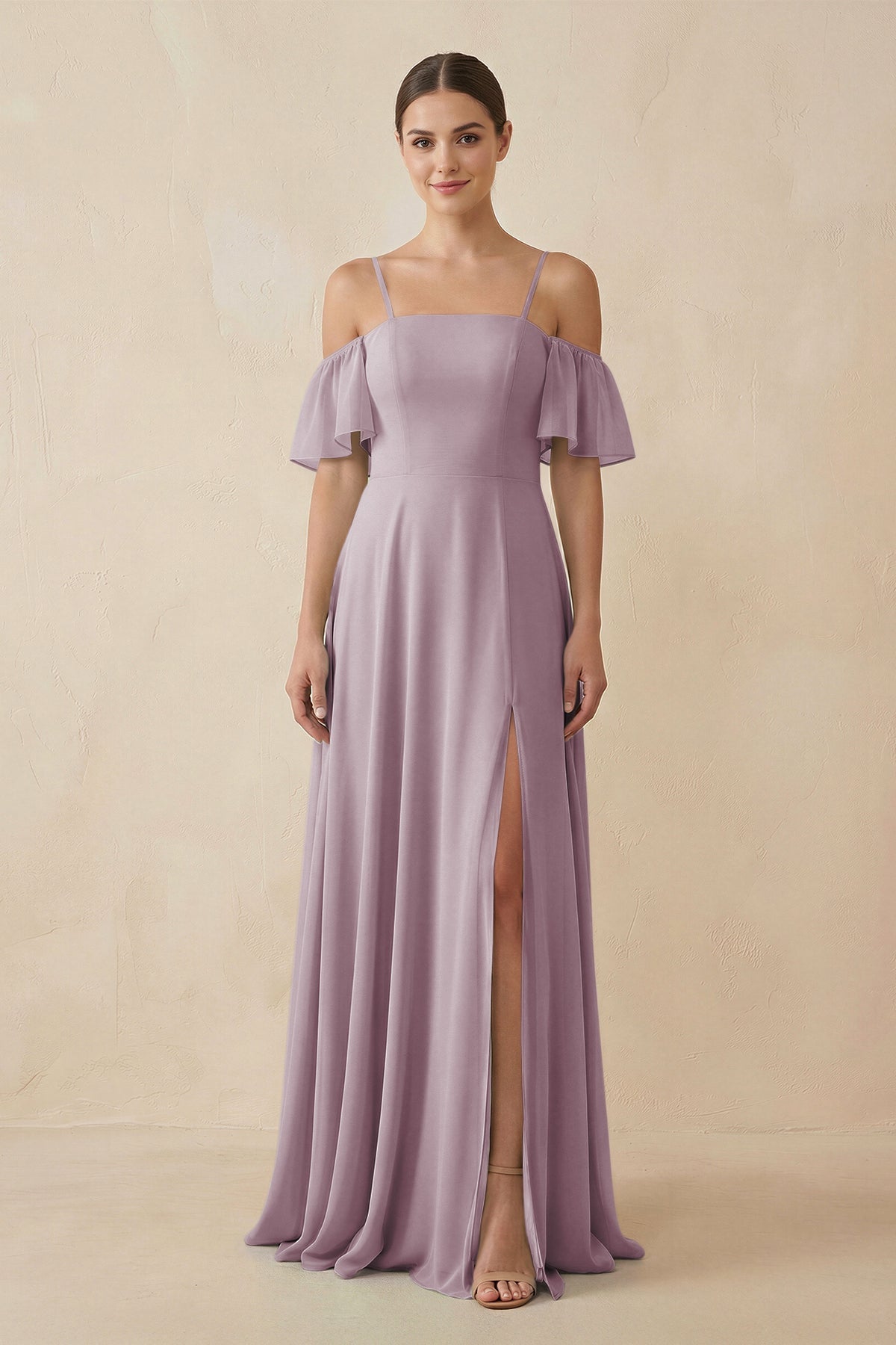 Off - the - Shoulder A - Line Chiffon Bridesmaid Dress in Dusk - SHE IS ME Bridesmaid Dresses
