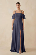Off - the - Shoulder A - Line Chiffon Bridesmaid Dress in Dusk Blue - SHE IS ME Bridesmaid Dresses