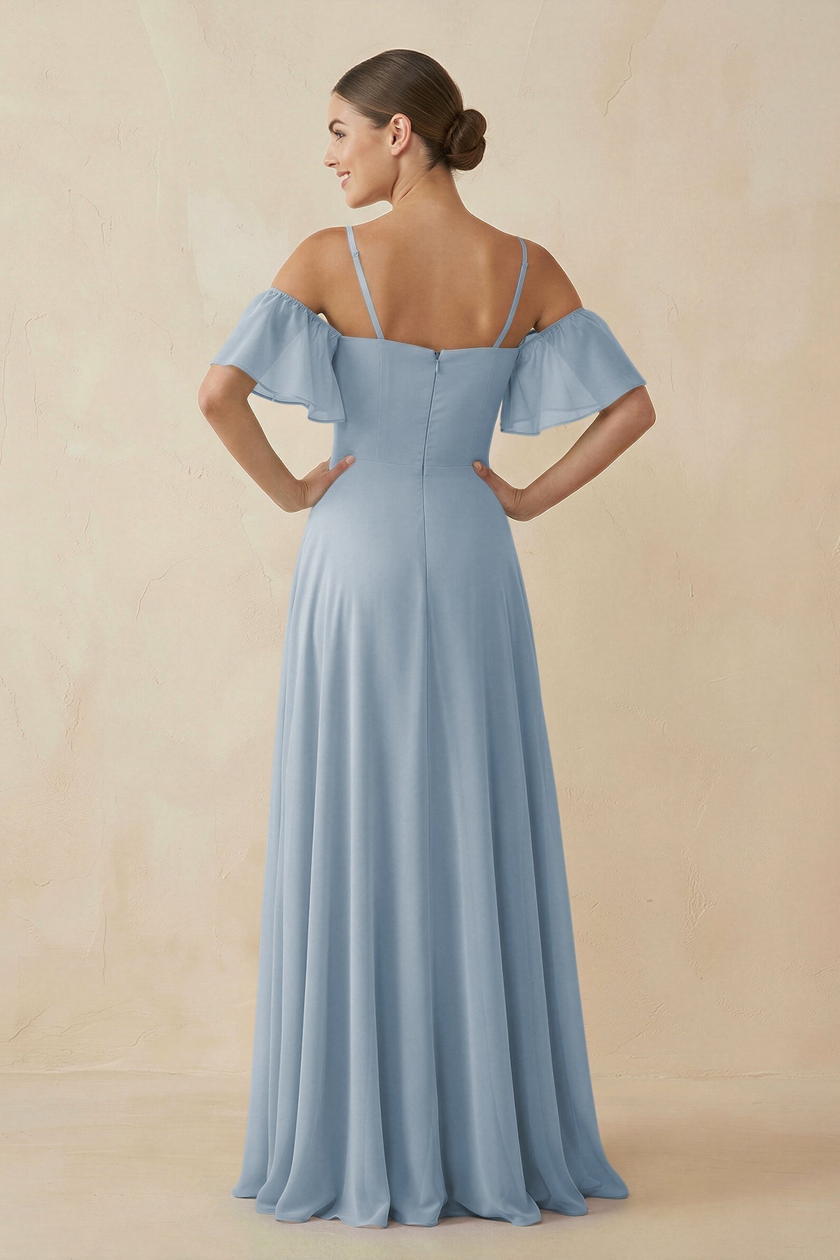 Off - the - Shoulder A - Line Chiffon Bridesmaid Dress in Dusty Blue - SHE IS ME Bridesmaid Dresses
