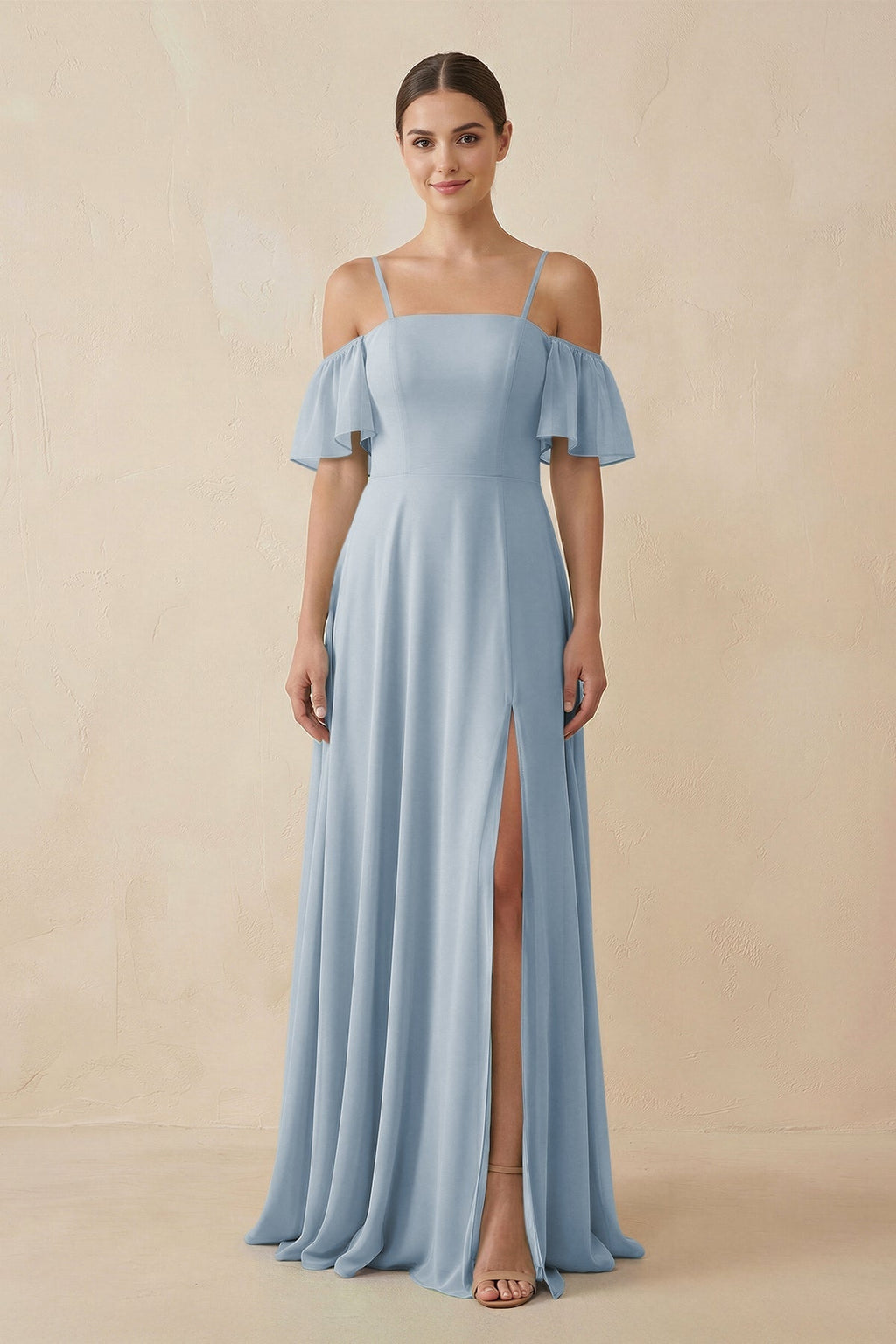 Off - the - Shoulder A - Line Chiffon Bridesmaid Dress in Dusty Blue - SHE IS ME Bridesmaid Dresses