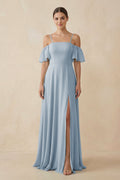 Off - the - Shoulder A - Line Chiffon Bridesmaid Dress in Dusty Blue - SHE IS ME Bridesmaid Dresses