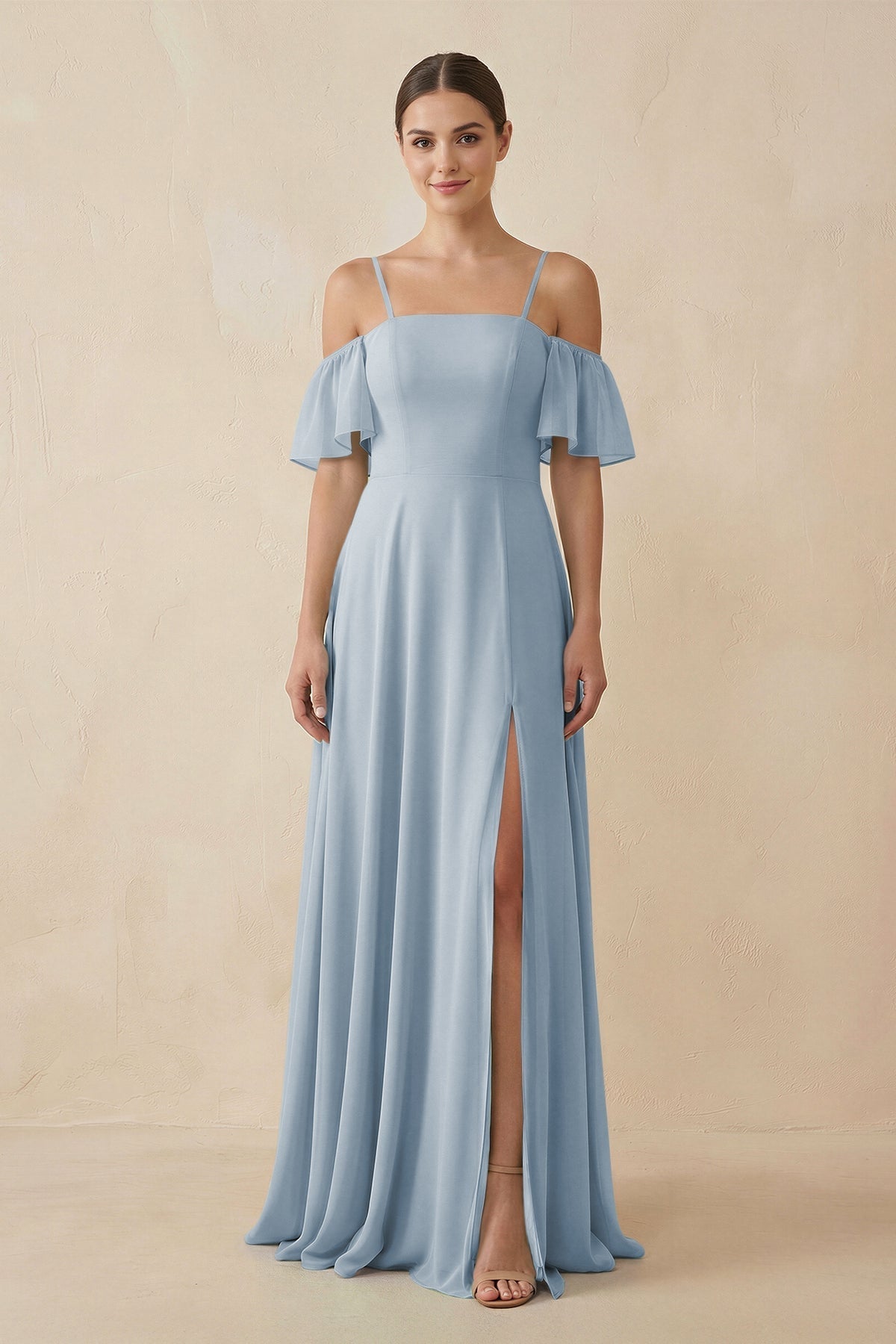 Off - the - Shoulder A - Line Chiffon Bridesmaid Dress in Dusty Blue - SHE IS ME Bridesmaid Dresses
