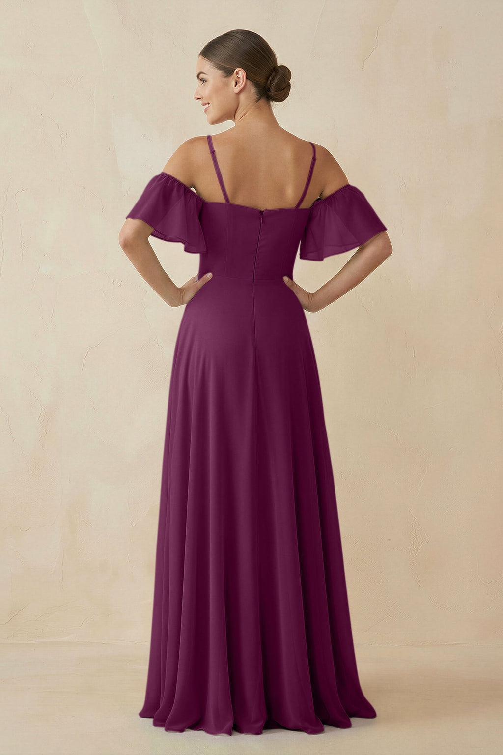 Off - the - Shoulder A - Line Chiffon Bridesmaid Dress in Fig - SHE IS ME Bridesmaid Dresses