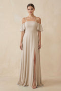 Off - the - Shoulder A - Line Chiffon Bridesmaid Dress in Frost - SHE IS ME Bridesmaid Dresses