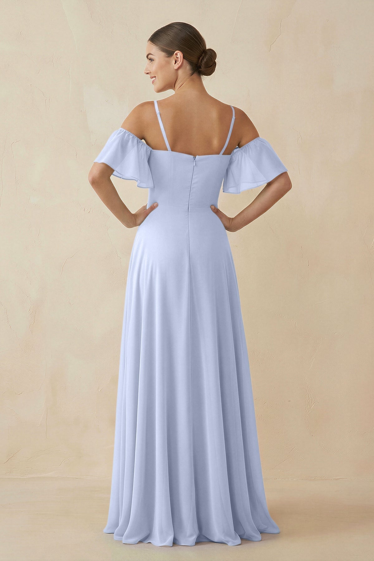 Off - the - Shoulder A - Line Chiffon Bridesmaid Dress in Ice - SHE IS ME Bridesmaid Dresses
