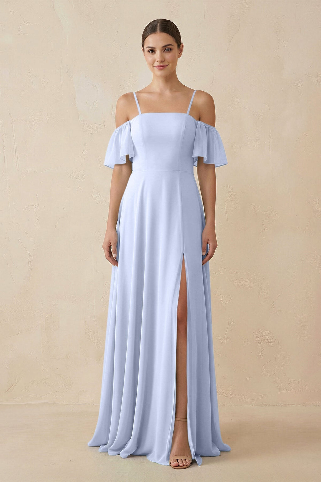 Off - the - Shoulder A - Line Chiffon Bridesmaid Dress in Ice - SHE IS ME Bridesmaid Dresses