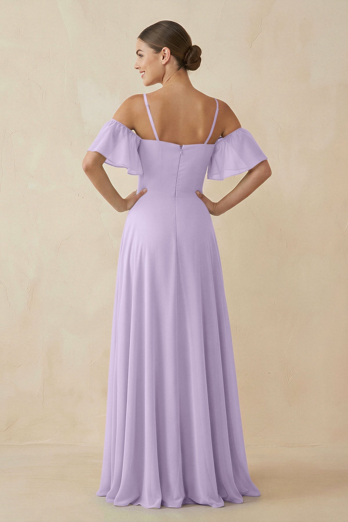 Off - the - Shoulder A - Line Chiffon Bridesmaid Dress in Lavender - SHE IS ME Bridesmaid Dresses