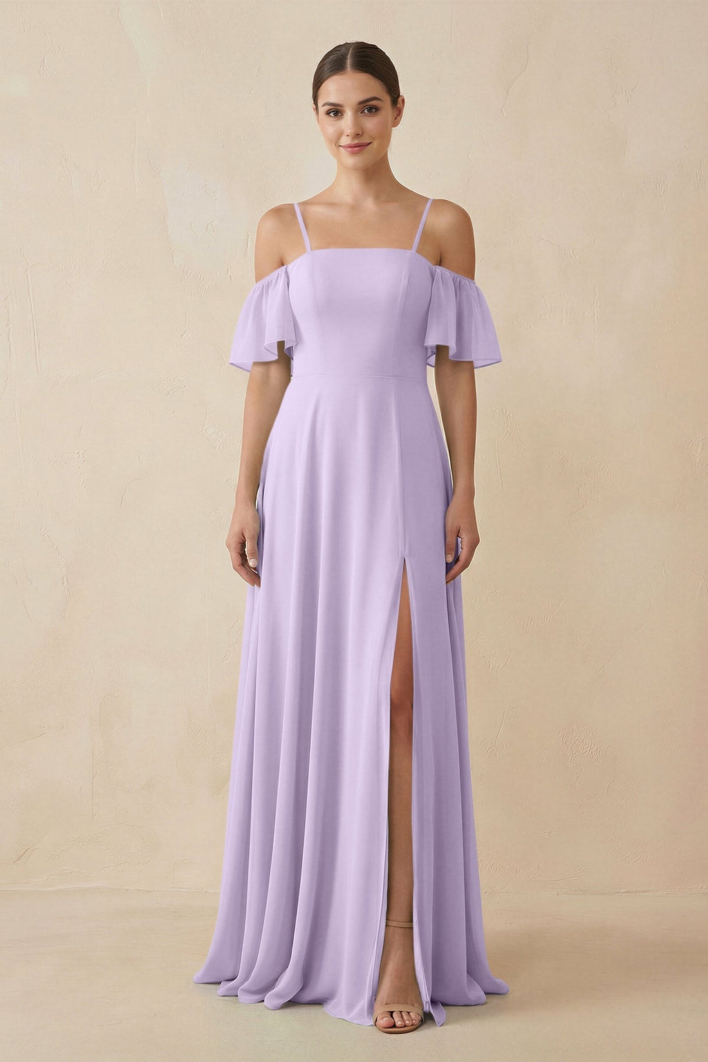 Off - the - Shoulder A - Line Chiffon Bridesmaid Dress in Lavender - SHE IS ME Bridesmaid Dresses
