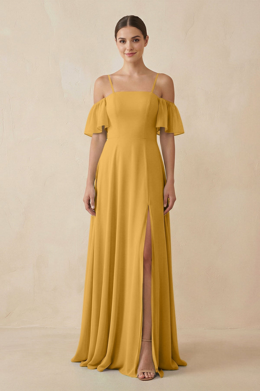 Off - the - Shoulder A - Line Chiffon Bridesmaid Dress in Marigold - SHE IS ME Bridesmaid Dresses
