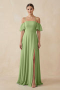 Off - the - Shoulder A - Line Chiffon Bridesmaid Dress in Matcha - SHE IS ME Bridesmaid Dresses