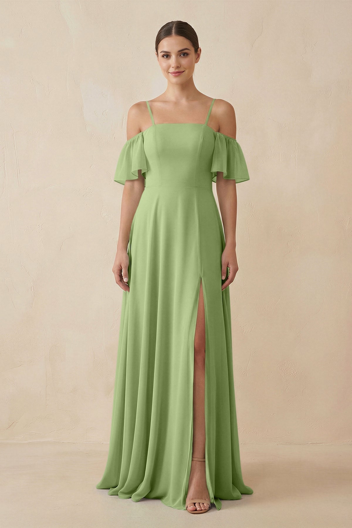 Off - the - Shoulder A - Line Chiffon Bridesmaid Dress in Matcha - SHE IS ME Bridesmaid Dresses