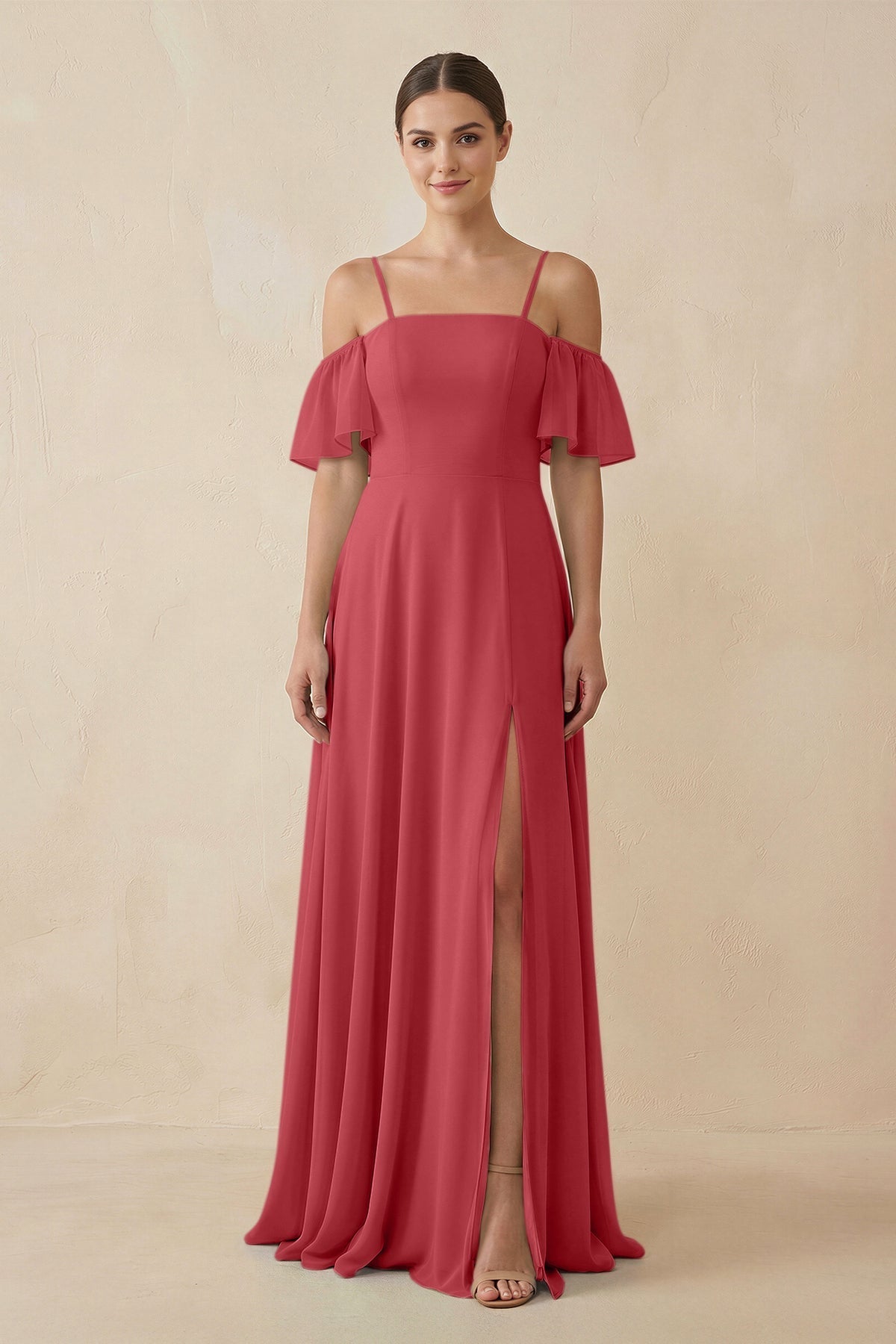 Off - the - Shoulder A - Line Chiffon Bridesmaid Dress in Merlot - SHE IS ME Bridesmaid Dresses