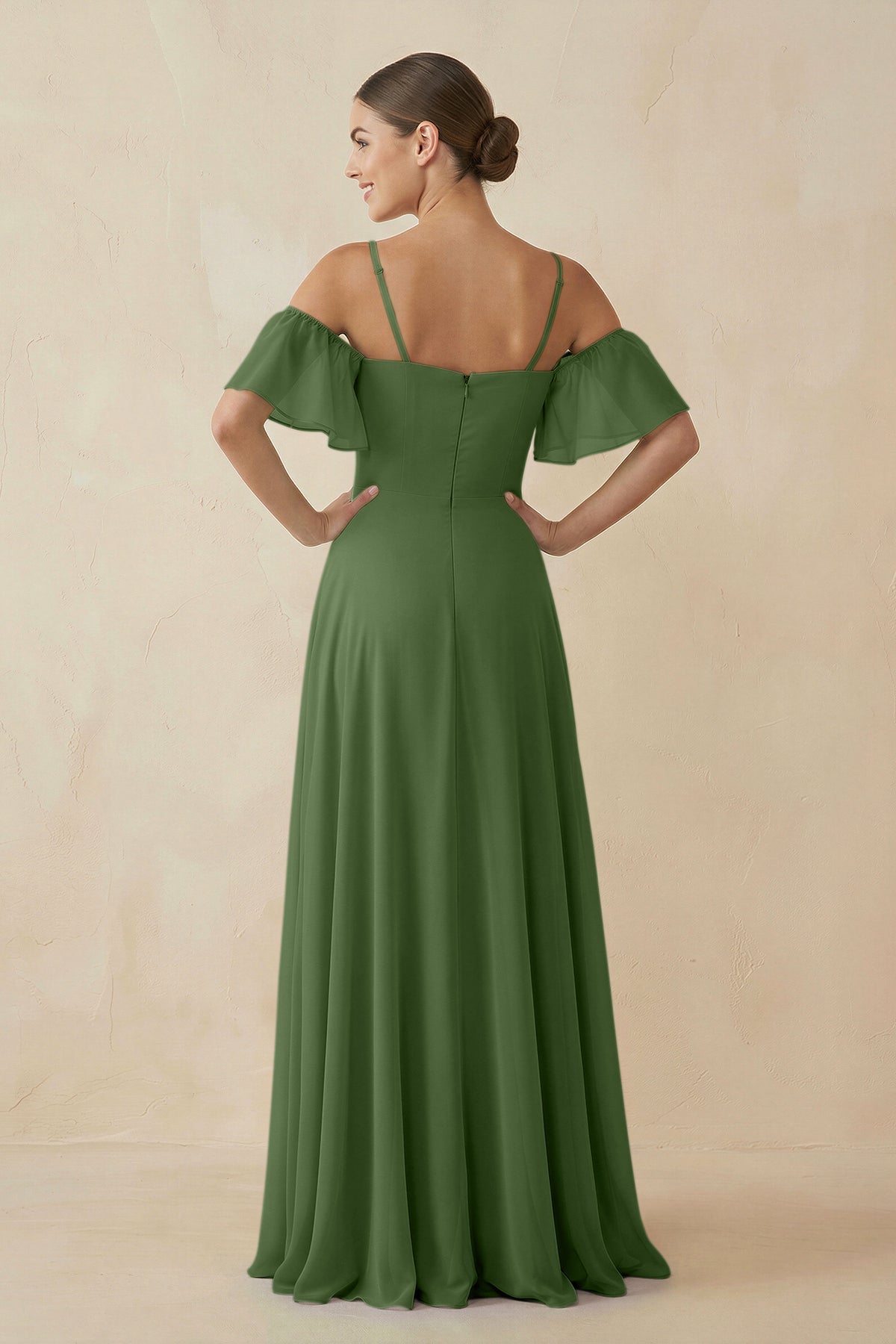 Off - the - Shoulder A - Line Chiffon Bridesmaid Dress in Moss - SHE IS ME Bridesmaid Dresses