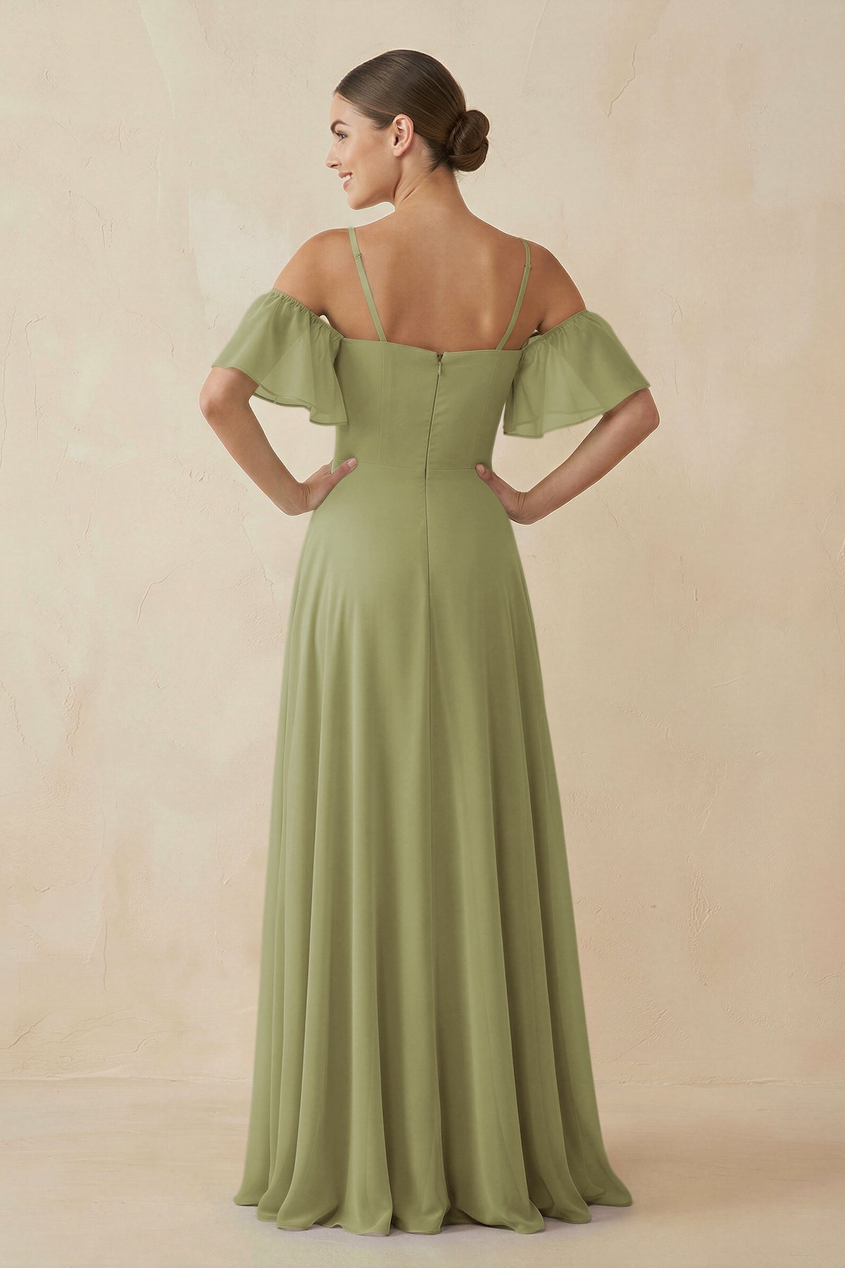 Off - the - Shoulder A - Line Chiffon Bridesmaid Dress in Moss Green - SHE IS ME Bridesmaid Dresses