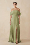 Off - the - Shoulder A - Line Chiffon Bridesmaid Dress in Moss Green - SHE IS ME Bridesmaid Dresses