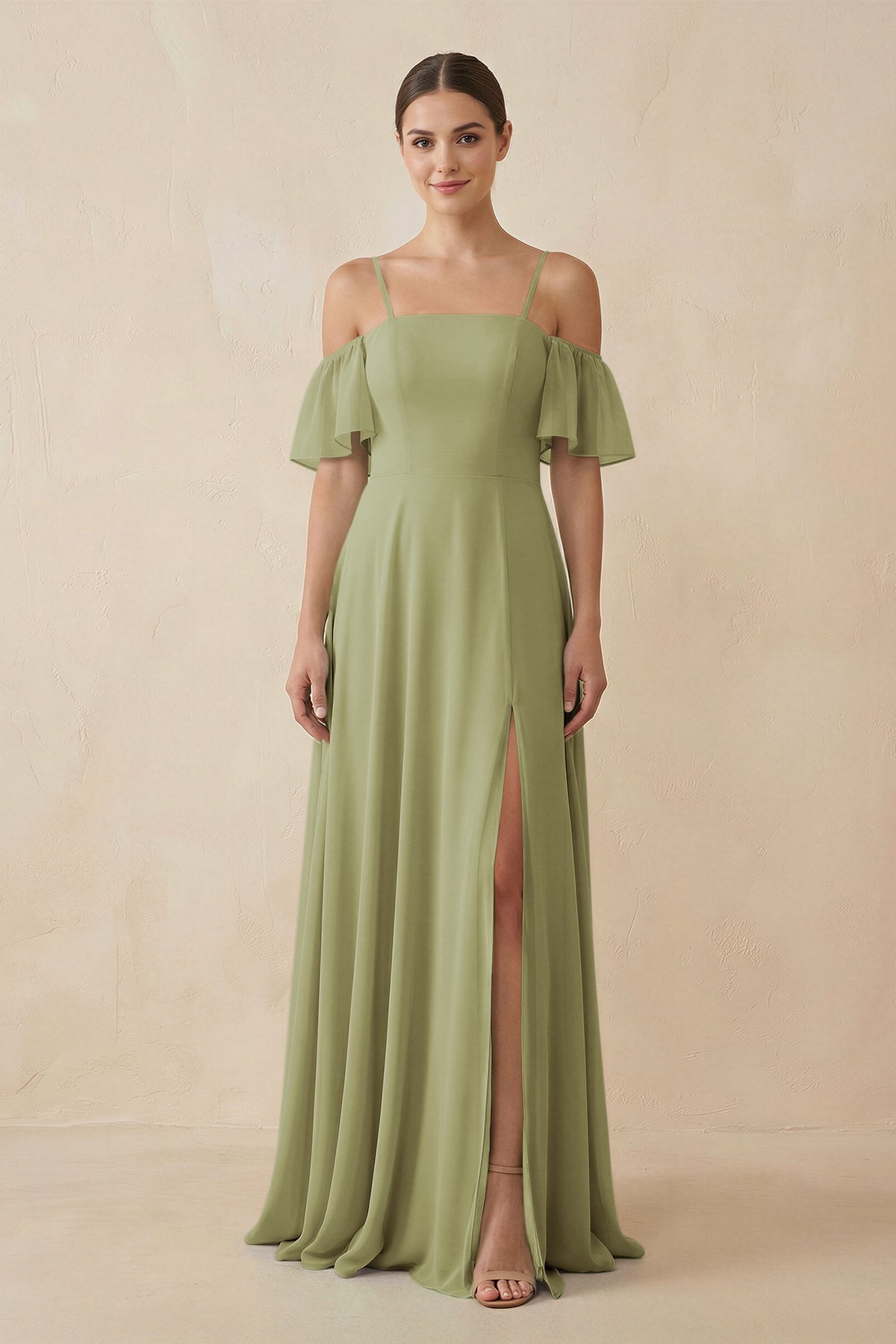 Off - the - Shoulder A - Line Chiffon Bridesmaid Dress in Moss Green - SHE IS ME Bridesmaid Dresses