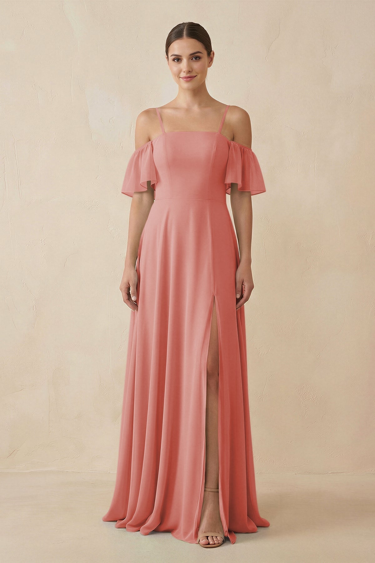 Off - the - Shoulder A - Line Chiffon Bridesmaid Dress in Mulberry - SHE IS ME Bridesmaid Dresses