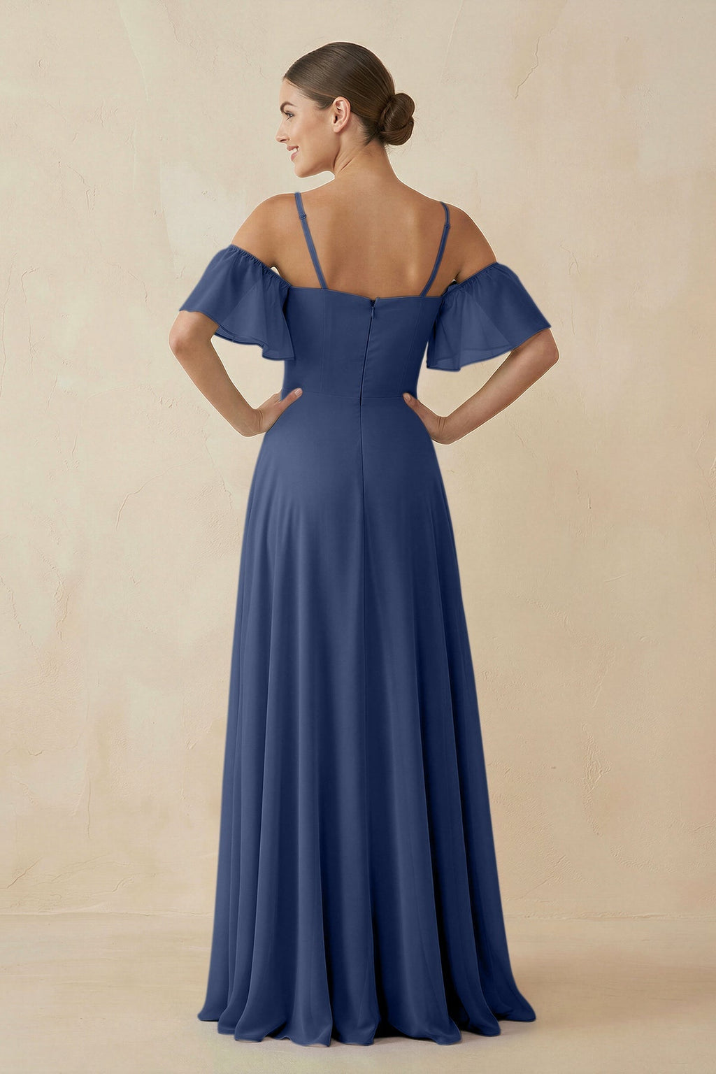 Off - the - Shoulder A - Line Chiffon Bridesmaid Dress in Navy - SHE IS ME Bridesmaid Dresses