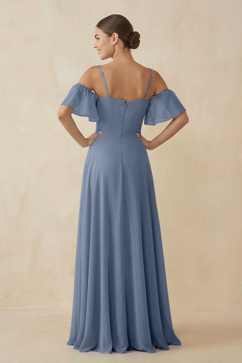 Off - the - Shoulder A - Line Chiffon Bridesmaid Dress in Neptune - SHE IS ME Bridesmaid Dresses