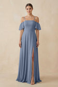Off - the - Shoulder A - Line Chiffon Bridesmaid Dress in Neptune - SHE IS ME Bridesmaid Dresses