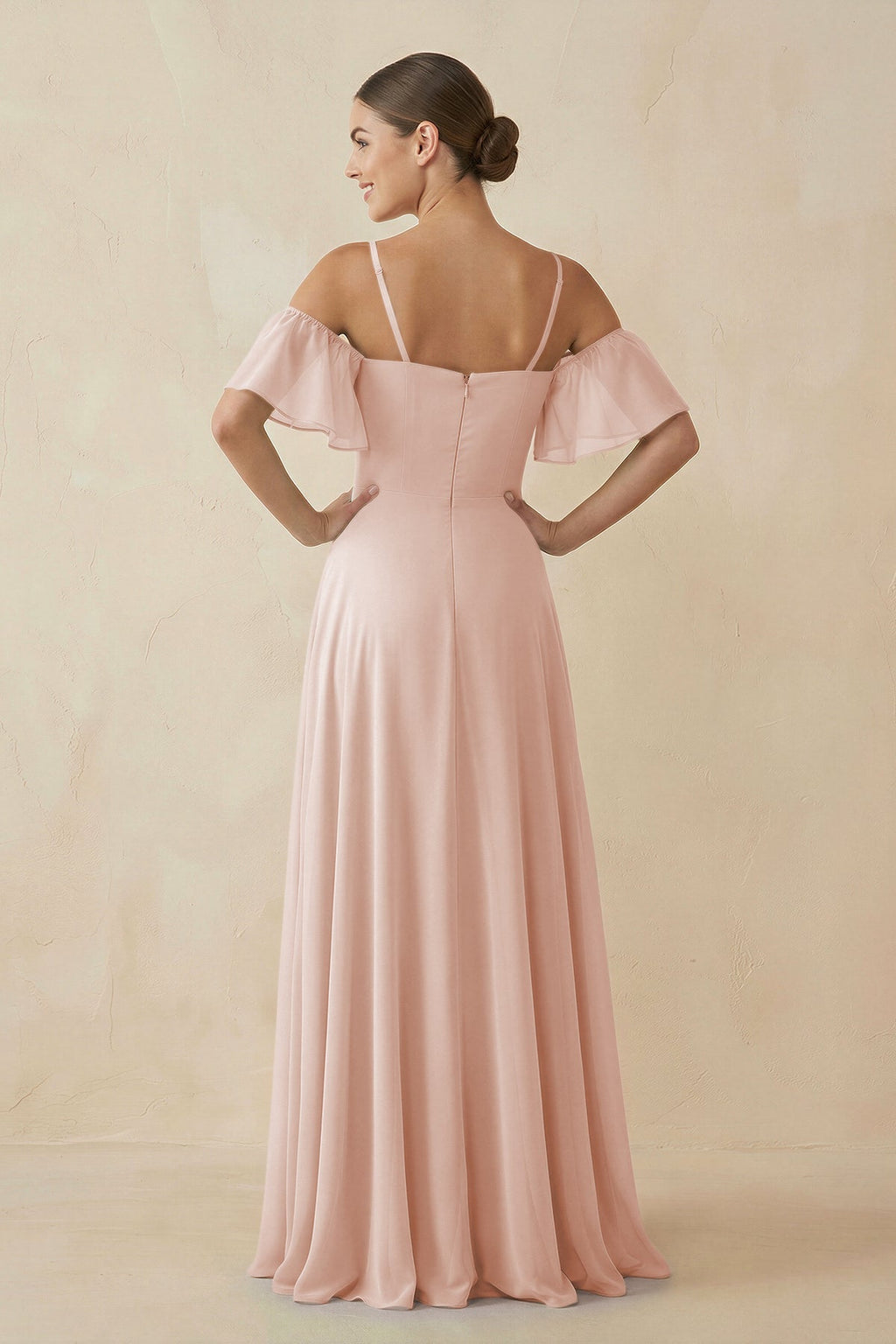 Off - the - Shoulder A - Line Chiffon Bridesmaid Dress in Pale Blush - SHE IS ME Bridesmaid Dresses