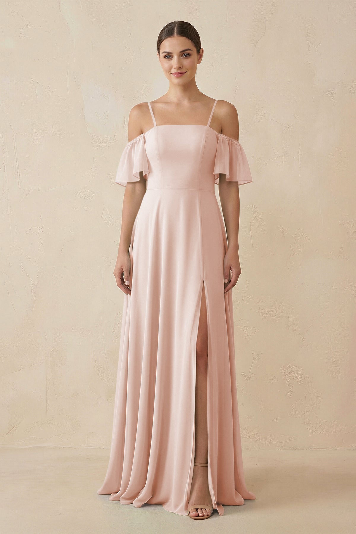 Off - the - Shoulder A - Line Chiffon Bridesmaid Dress in Pale Blush - SHE IS ME Bridesmaid Dresses