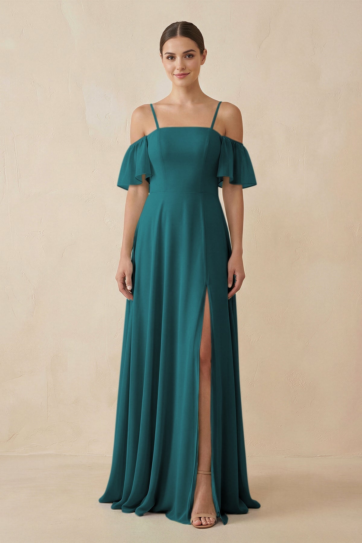 Off - the - Shoulder A - Line Chiffon Bridesmaid Dress in Pine - SHE IS ME Bridesmaid Dresses
