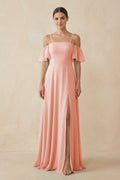 Off - the - Shoulder A - Line Chiffon Bridesmaid Dress in Rose Petal - SHE IS ME Bridesmaid Dresses