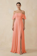 Off - the - Shoulder A - Line Chiffon Bridesmaid Dress in Rosette - SHE IS ME Bridesmaid Dresses