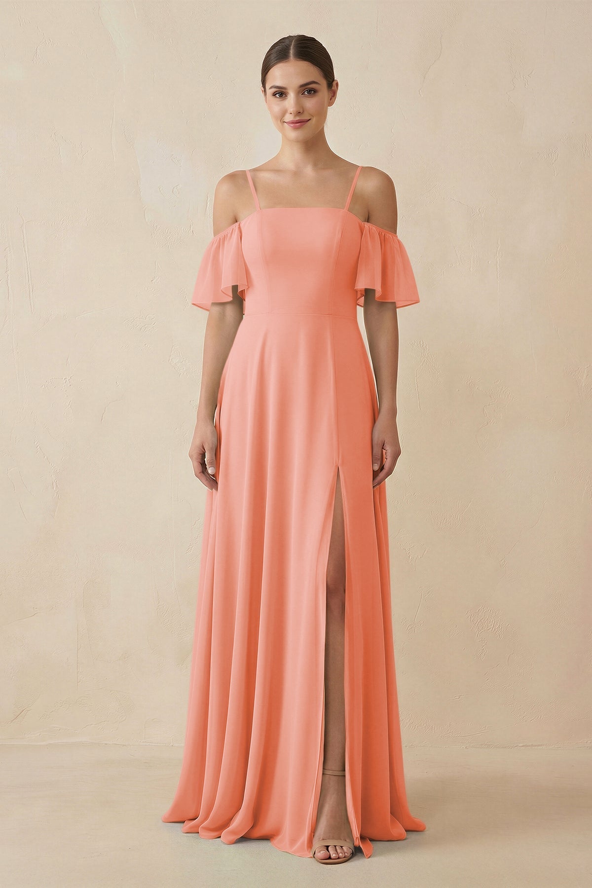 Off - the - Shoulder A - Line Chiffon Bridesmaid Dress in Rosette - SHE IS ME Bridesmaid Dresses