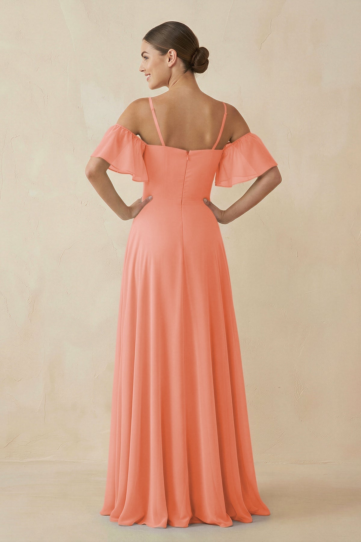 Off - the - Shoulder A - Line Chiffon Bridesmaid Dress in Rosette - SHE IS ME Bridesmaid Dresses