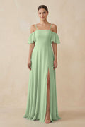 Off - the - Shoulder A - Line Chiffon Bridesmaid Dress in Sage - SHE IS ME Bridesmaid Dresses