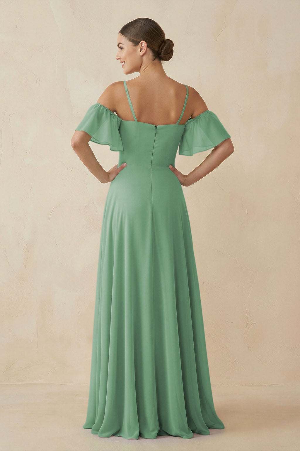 Off - the - Shoulder A - Line Chiffon Bridesmaid Dress in Sea Glass - SHE IS ME Bridesmaid Dresses