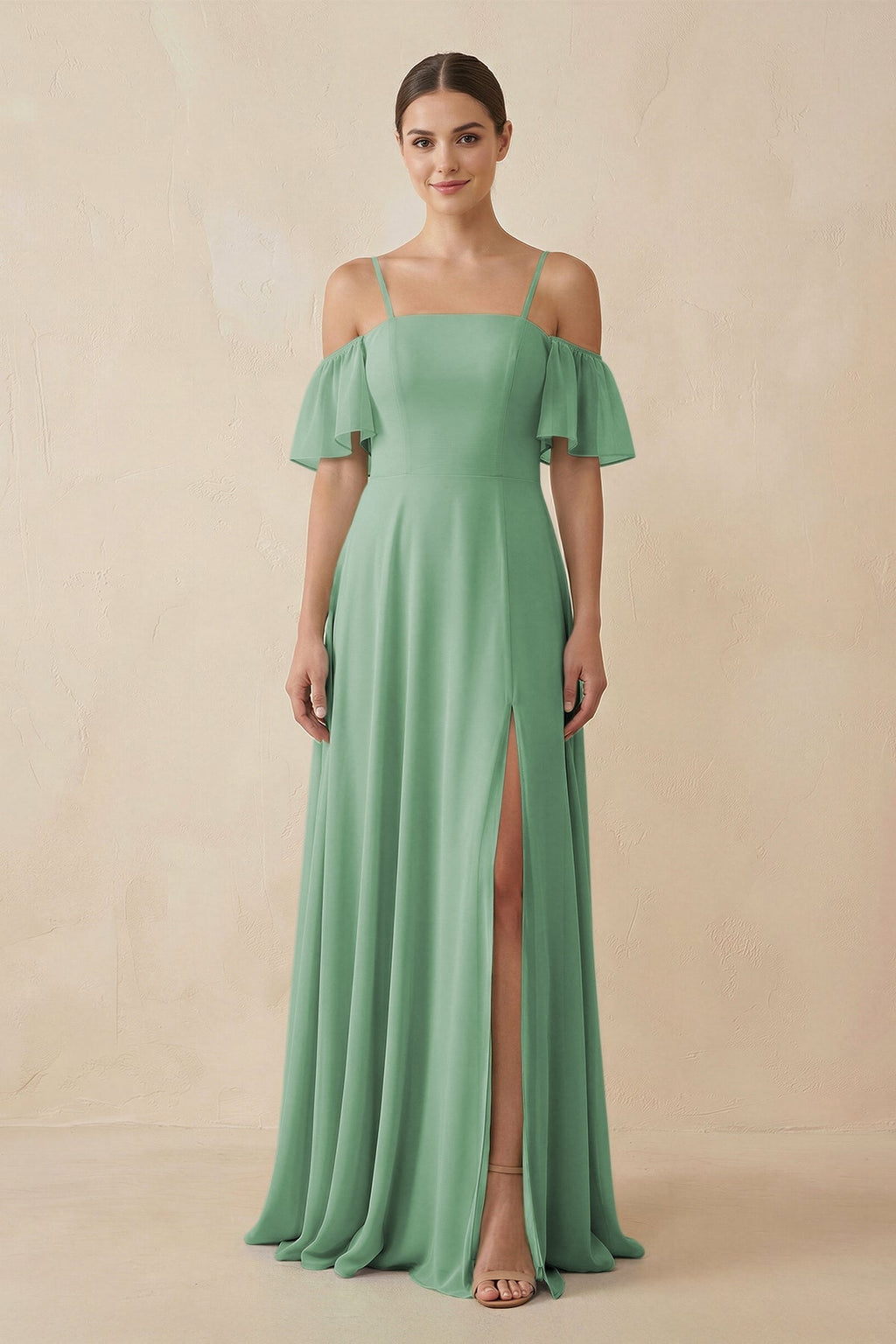 Off - the - Shoulder A - Line Chiffon Bridesmaid Dress in Sea Glass - SHE IS ME Bridesmaid Dresses