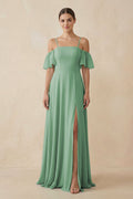 Off - the - Shoulder A - Line Chiffon Bridesmaid Dress in Sea Glass - SHE IS ME Bridesmaid Dresses