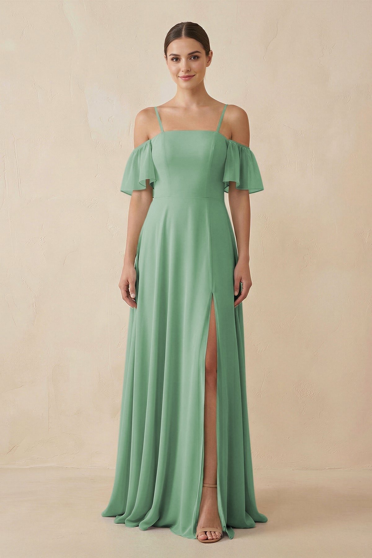 Off - the - Shoulder A - Line Chiffon Bridesmaid Dress in Sea Glass - SHE IS ME Bridesmaid Dresses
