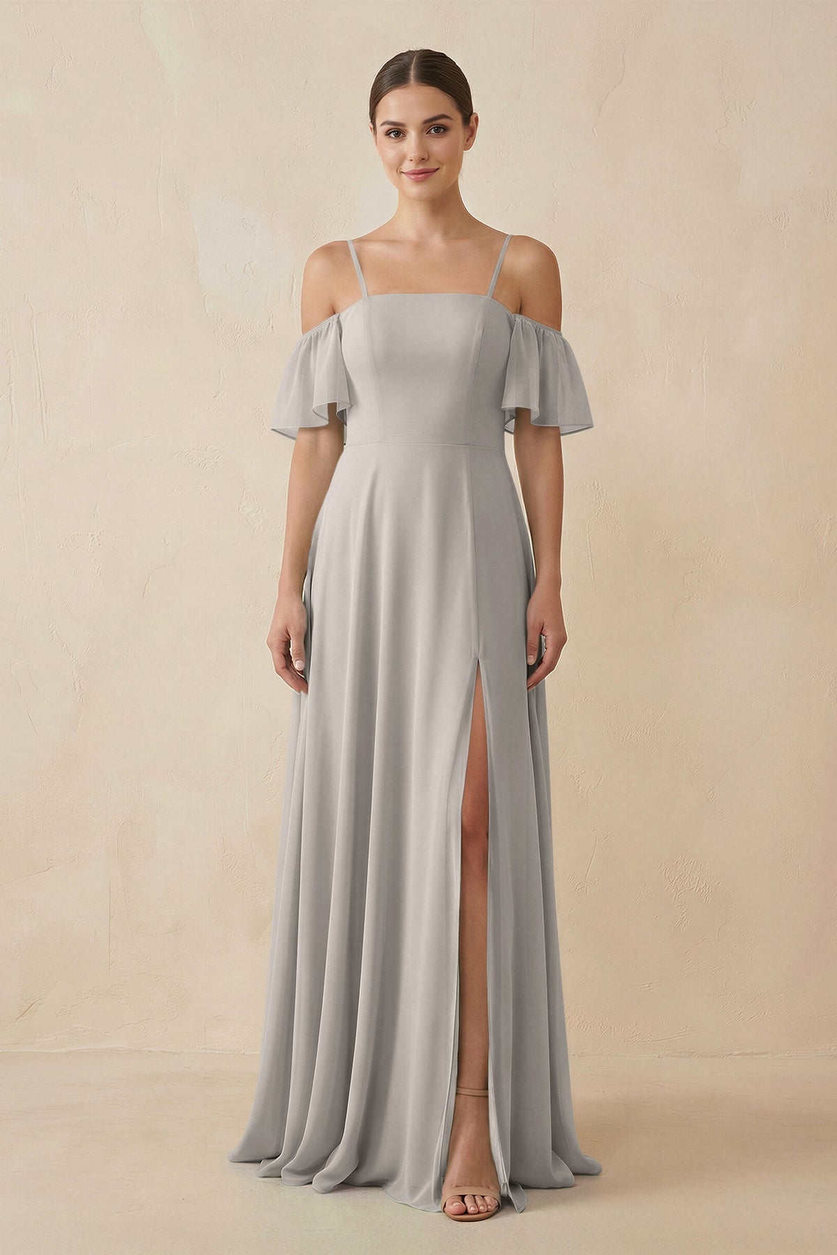 Off - the - Shoulder A - Line Chiffon Bridesmaid Dress in Silver - SHE IS ME Bridesmaid Dresses