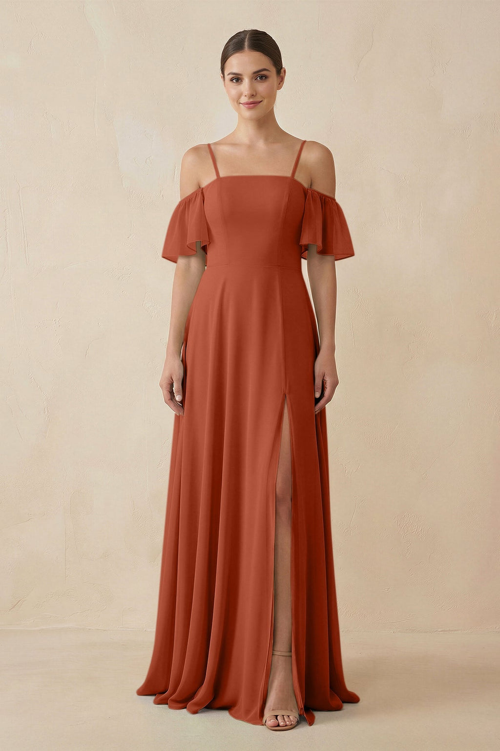 Off - the - Shoulder A - Line Chiffon Bridesmaid Dress in Spice - SHE IS ME Bridesmaid Dresses