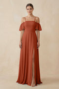 Off - the - Shoulder A - Line Chiffon Bridesmaid Dress in Spice - SHE IS ME Bridesmaid Dresses