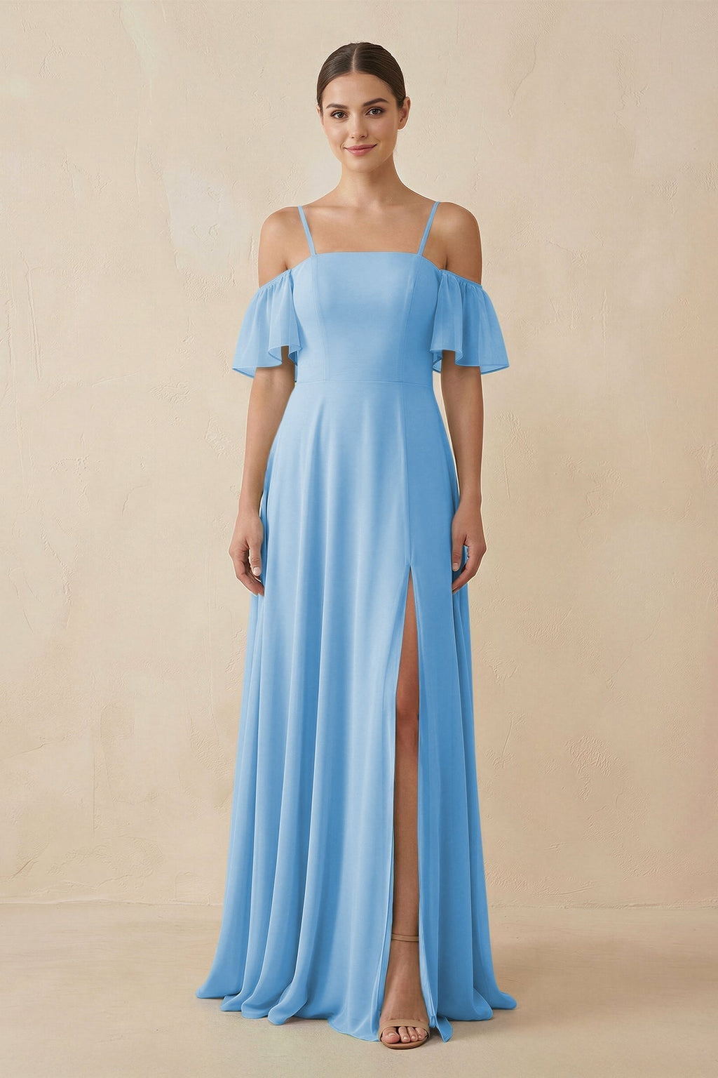 Off - the - Shoulder A - Line Chiffon Bridesmaid Dress in Steel Blue - SHE IS ME Bridesmaid Dresses